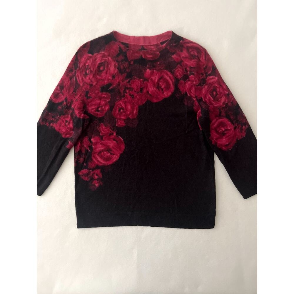 Talbots Cashmere Floral Sweater Women M Black Red Rose 3/4 Sleeve Crew Knit